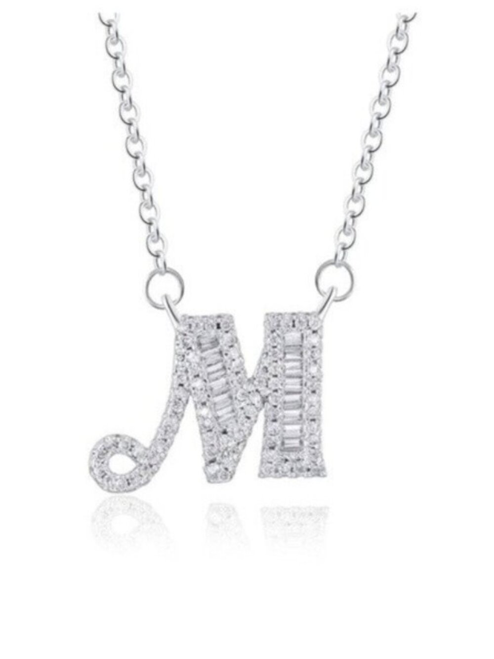 Silver Cubic Zirconia Initial Name Letter "M" Elegant Sparkling Necklace